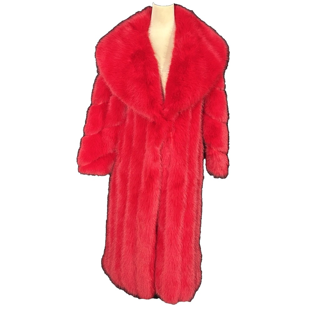 AWESOME Plush Women's Vibrant Red Faux Fur Full Length Coat Pockets Size XS-M